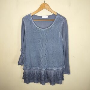 Simply Couture Tunic Sweater Embroidered Hem Boho Layered